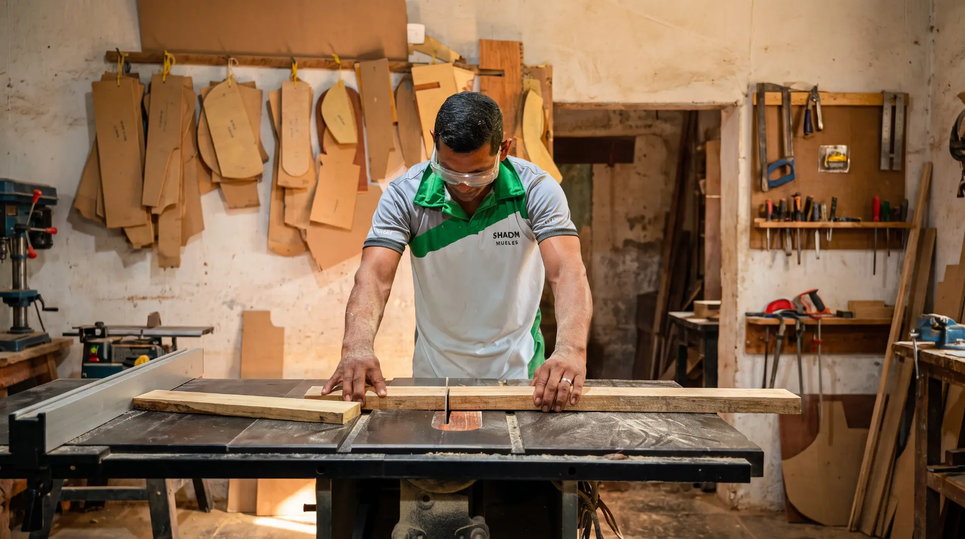 Carpintero de Shalom Muebles lijando una estructura de madera en el taller